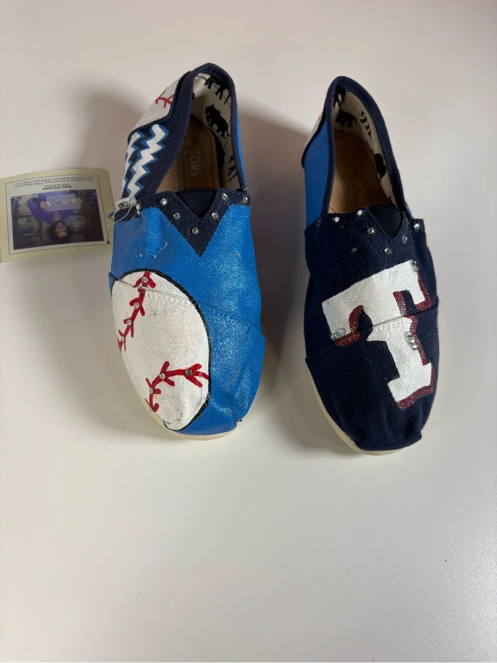 Custom Painted TOMS Shoes Women’s 10 Baseball Texas Rangers Blue White Glitter